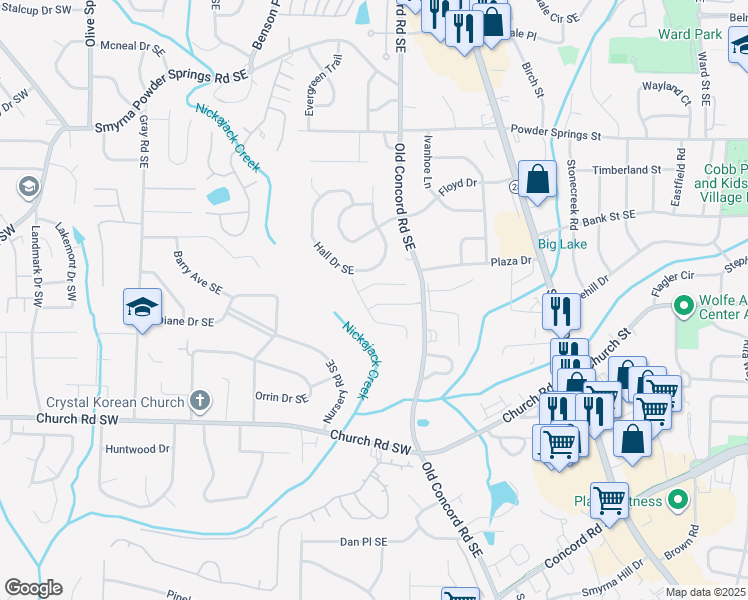 map of restaurants, bars, coffee shops, grocery stores, and more near 1062 Oaks Parkway Southeast in Smyrna