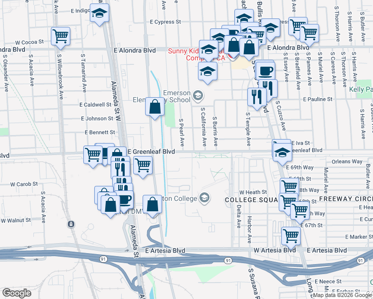 map of restaurants, bars, coffee shops, grocery stores, and more near 1540 South Pearl Avenue in Compton