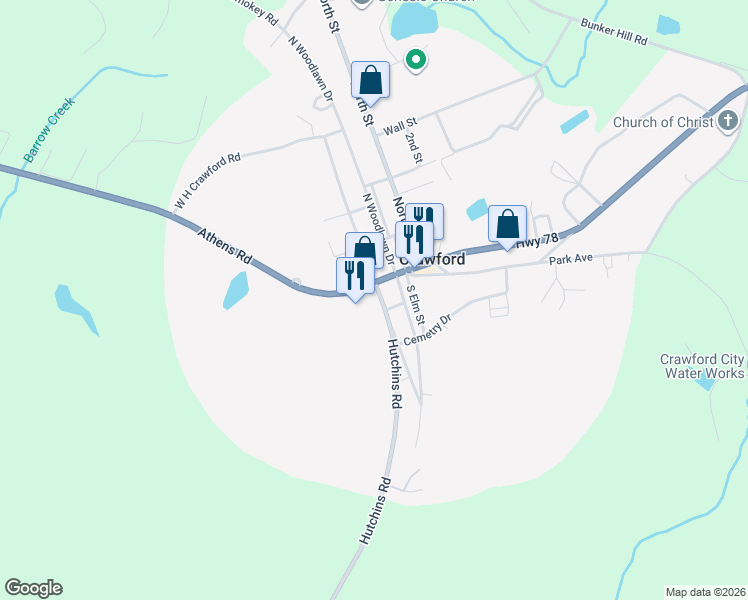 map of restaurants, bars, coffee shops, grocery stores, and more near 108 South Broad Street in Crawford
