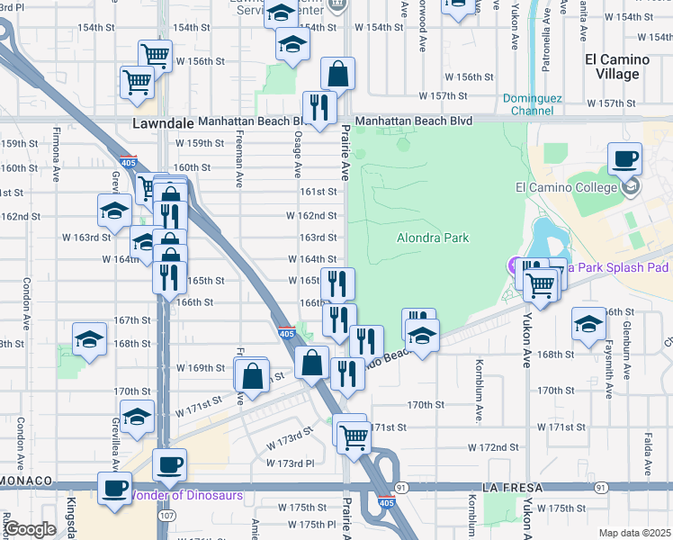map of restaurants, bars, coffee shops, grocery stores, and more near 4001 West 165th Street in Lawndale