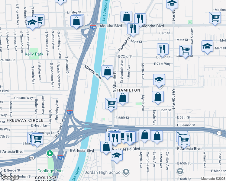 map of restaurants, bars, coffee shops, grocery stores, and more near 6959 North Atlantic Place in Long Beach