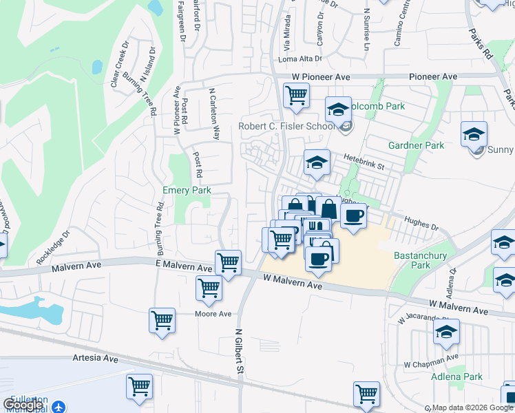 map of restaurants, bars, coffee shops, grocery stores, and more near 2312 Sandbar Drive in Fullerton