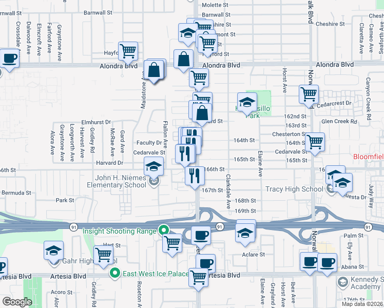 map of restaurants, bars, coffee shops, grocery stores, and more near 16417 Pioneer Boulevard in Norwalk