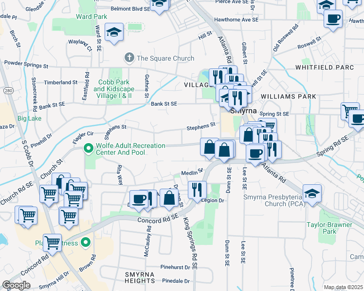 map of restaurants, bars, coffee shops, grocery stores, and more near Davis Street in Smyrna