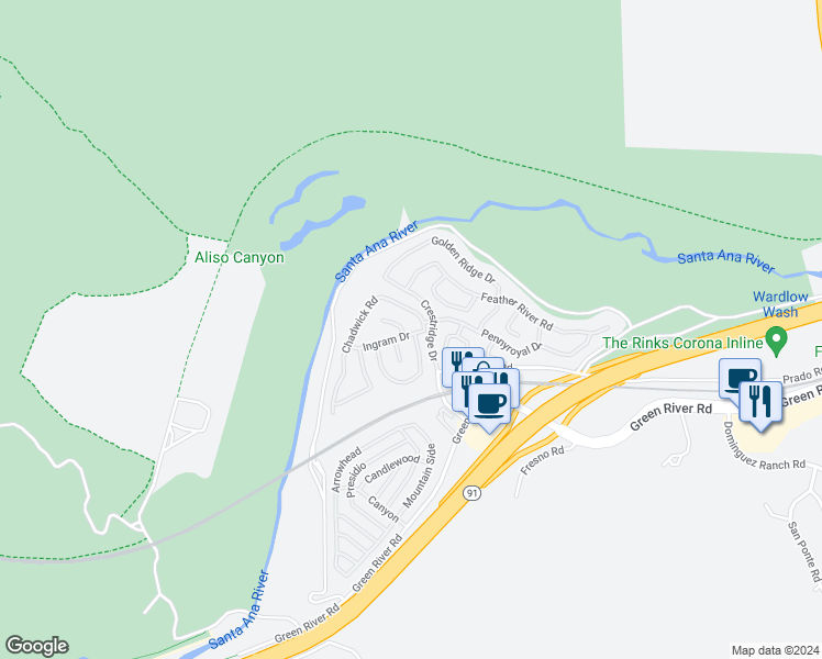 map of restaurants, bars, coffee shops, grocery stores, and more near 11452 Foxglove Lane in Corona