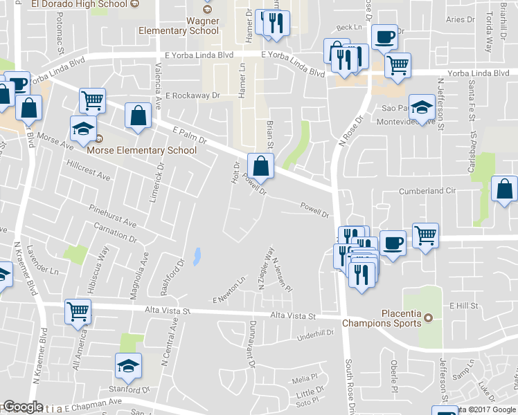 map of restaurants, bars, coffee shops, grocery stores, and more near 1213 Eckenrode Way in Placentia