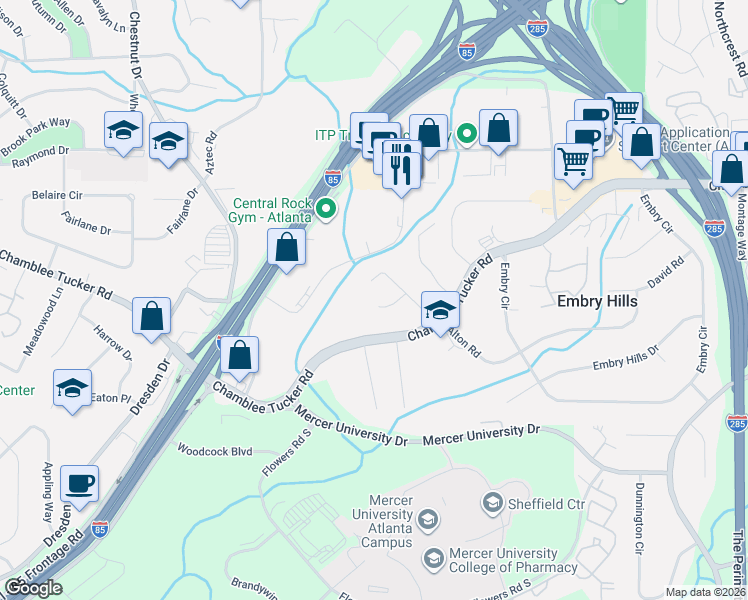 map of restaurants, bars, coffee shops, grocery stores, and more near 3222 Barkside Court in Chamblee
