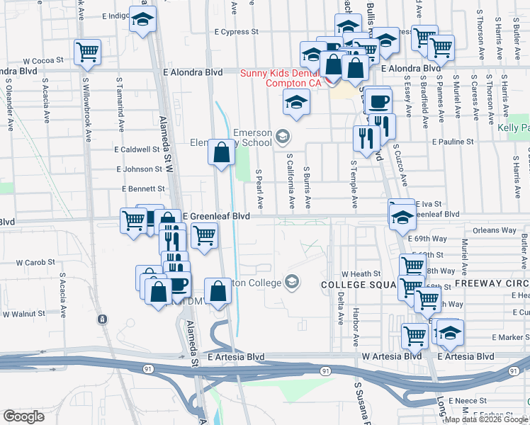 map of restaurants, bars, coffee shops, grocery stores, and more near 1540 South Pearl Avenue in Compton