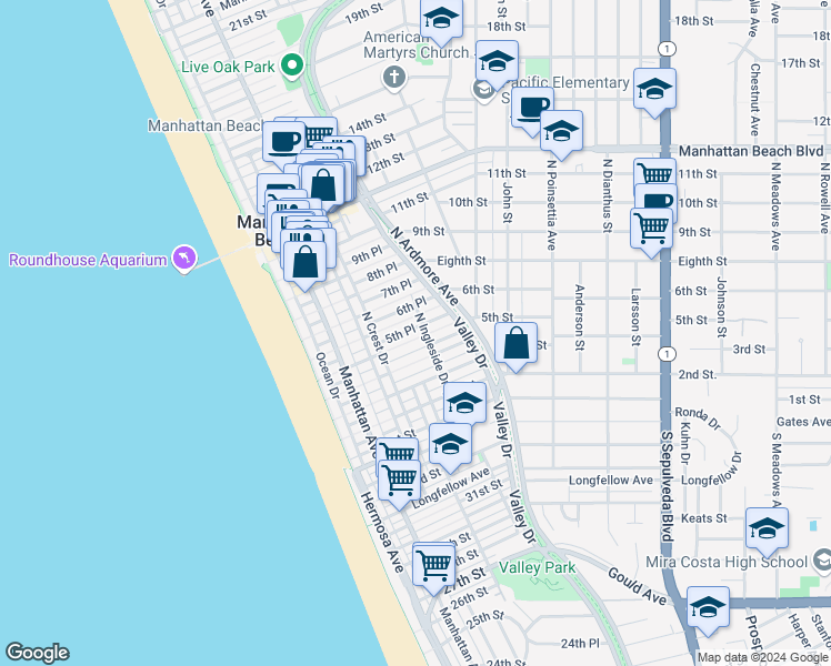 map of restaurants, bars, coffee shops, grocery stores, and more near 429 5th Street in Manhattan Beach