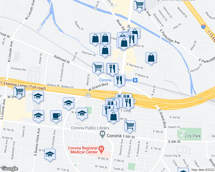 map of restaurants, bars, coffee shops, grocery stores, and more near 45 West Grand Boulevard in Corona