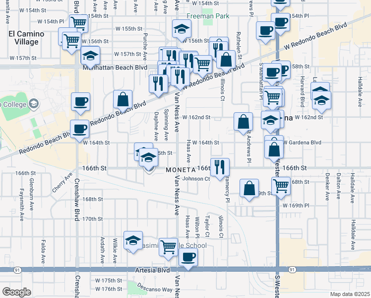 map of restaurants, bars, coffee shops, grocery stores, and more near 16411 Haas Avenue in Torrance