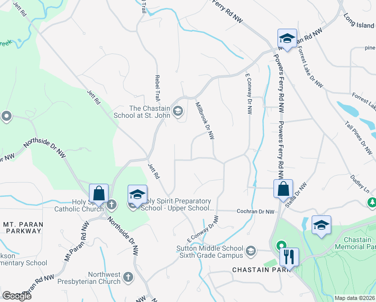 map of restaurants, bars, coffee shops, grocery stores, and more near 4610 Brook Hollow Road Northwest in Atlanta