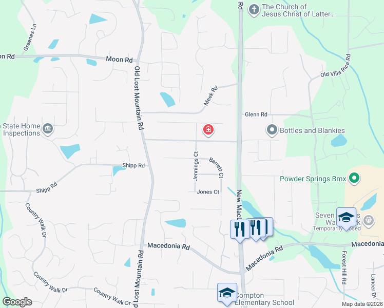 map of restaurants, bars, coffee shops, grocery stores, and more near 2935 Barrett Court in Powder Springs