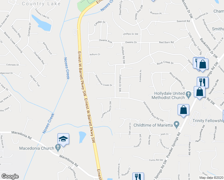 map of restaurants, bars, coffee shops, grocery stores, and more near 2766 Horseshoe Bend Road Southwest in Marietta