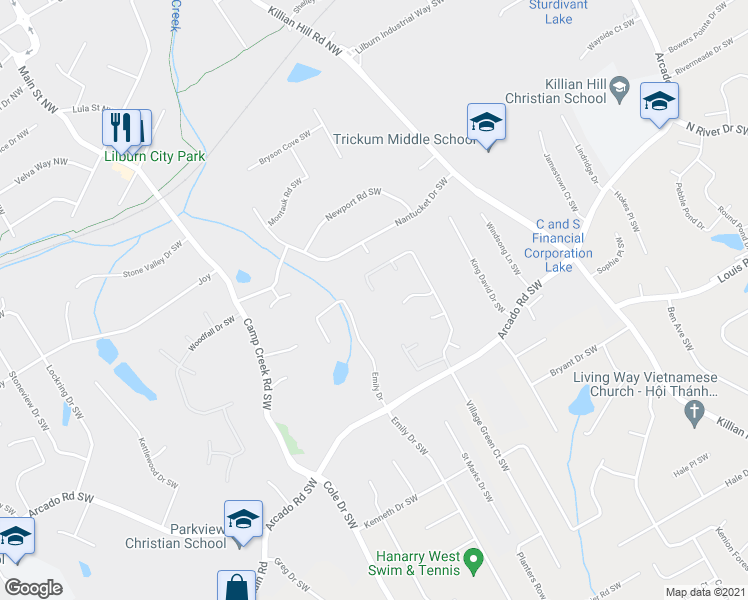 map of restaurants, bars, coffee shops, grocery stores, and more near 20 Village Green Court Southwest in Lilburn