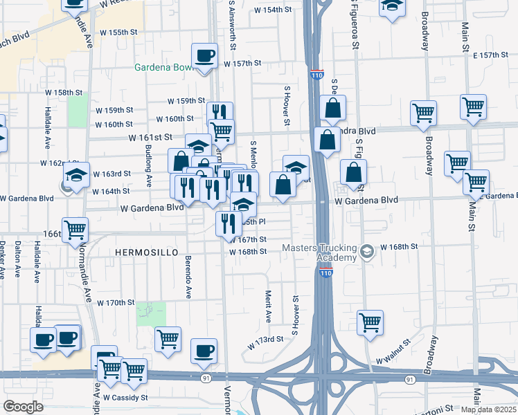 map of restaurants, bars, coffee shops, grocery stores, and more near 762 West Gardena Boulevard in Gardena