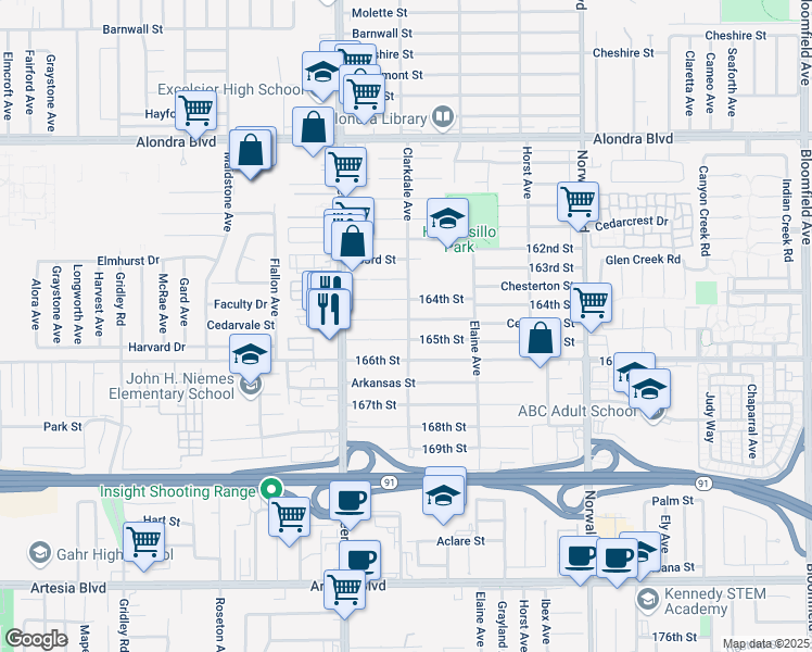 map of restaurants, bars, coffee shops, grocery stores, and more near 11867 Cedarvale Street in Norwalk