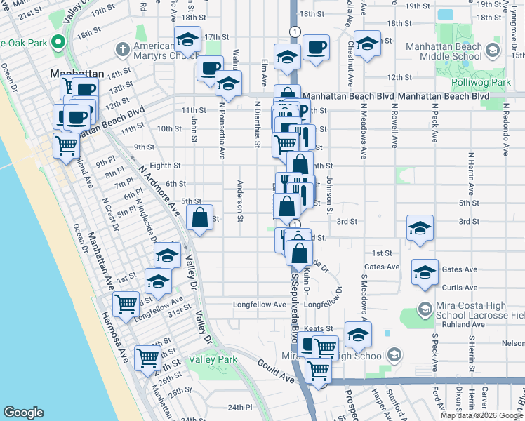 map of restaurants, bars, coffee shops, grocery stores, and more near 300 North Dianthus Street in Manhattan Beach