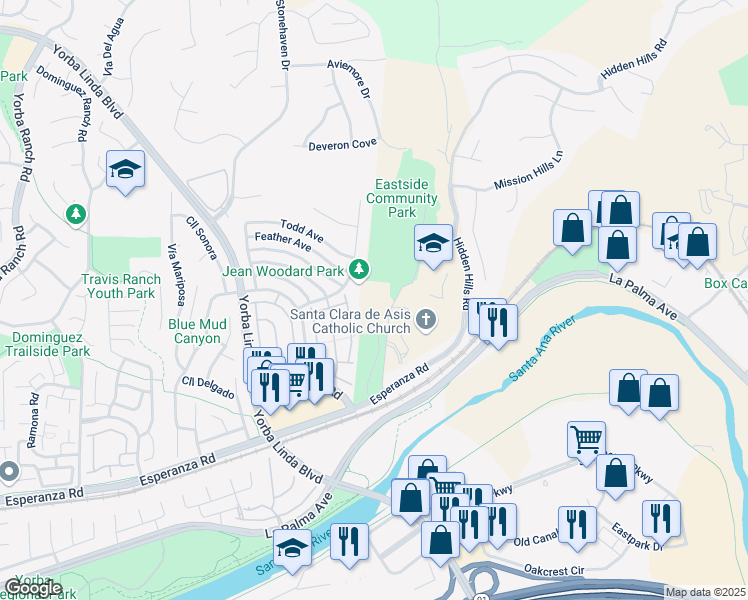 map of restaurants, bars, coffee shops, grocery stores, and more near 5300 Eastside Circle in Yorba Linda