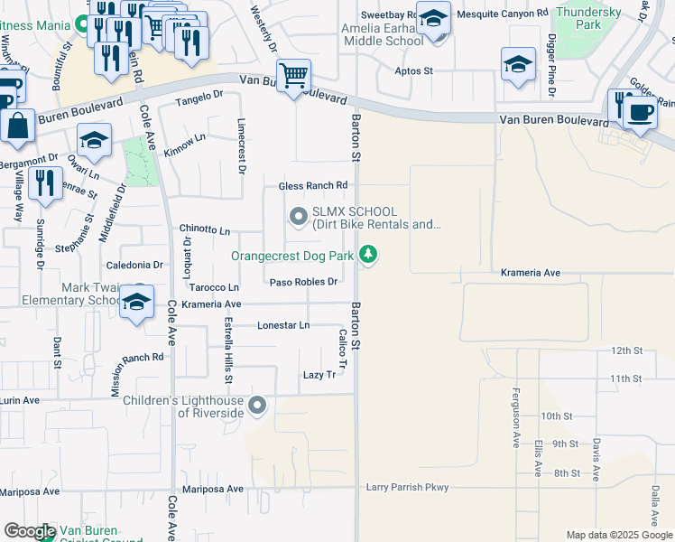 map of restaurants, bars, coffee shops, grocery stores, and more near 9297 San Rafael Archangel Lane in Riverside