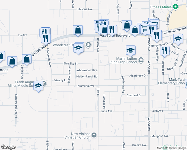 map of restaurants, bars, coffee shops, grocery stores, and more near 9293 Dauchy Avenue in Riverside
