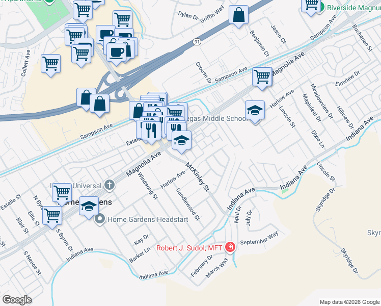 map of restaurants, bars, coffee shops, grocery stores, and more near 13026 Vía Salvia in Riverside
