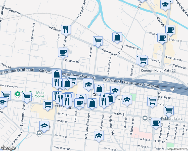 map of restaurants, bars, coffee shops, grocery stores, and more near 112 North Buena Vista Avenue in Corona