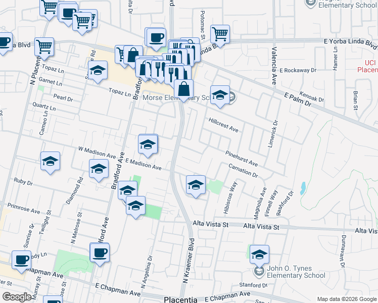 map of restaurants, bars, coffee shops, grocery stores, and more near 307 Fairway Lane in Placentia