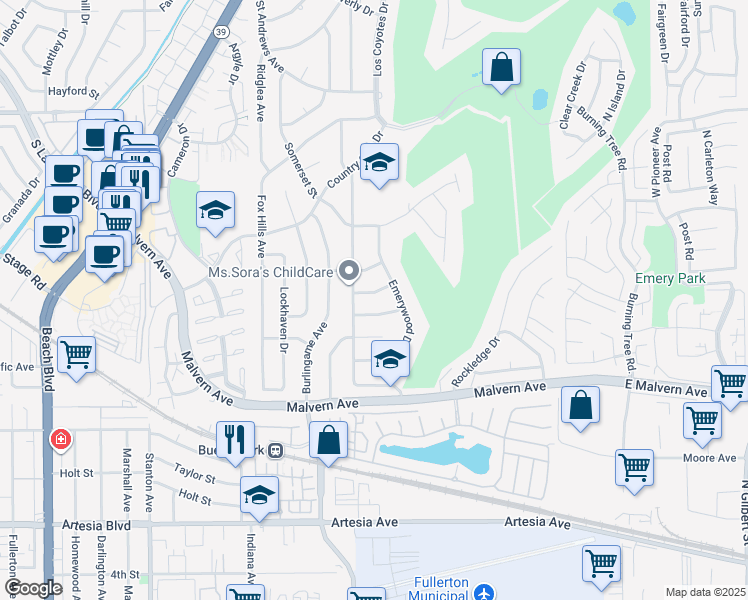 map of restaurants, bars, coffee shops, grocery stores, and more near 8571 Cypress Point Avenue in Buena Park
