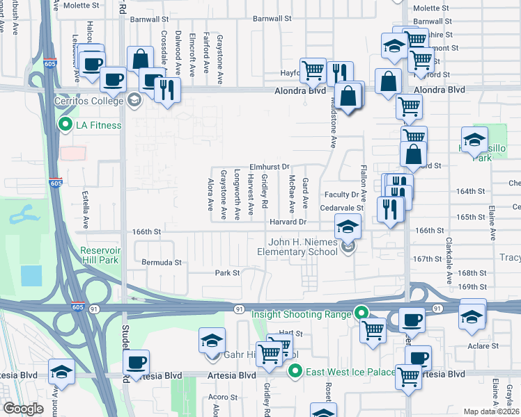 map of restaurants, bars, coffee shops, grocery stores, and more near 16407 Harvest Avenue in Norwalk