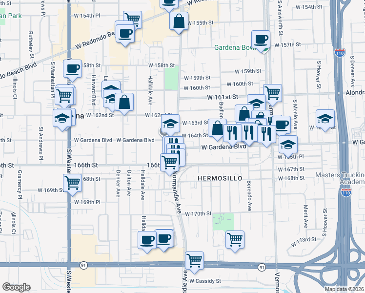 map of restaurants, bars, coffee shops, grocery stores, and more near 1338 West 164th Street in Gardena