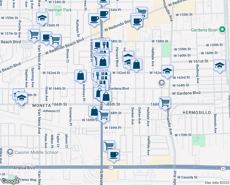 map of restaurants, bars, coffee shops, grocery stores, and more near 1730 West Gardena Boulevard in Gardena