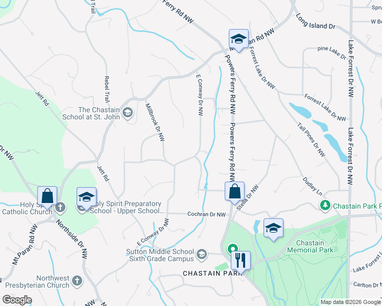map of restaurants, bars, coffee shops, grocery stores, and more near 4628 East Conway Drive Northwest in Atlanta