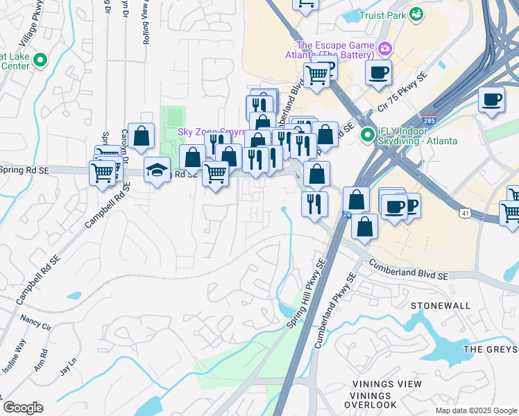 map of restaurants, bars, coffee shops, grocery stores, and more near 3103 Sports Avenue Southeast in Smyrna