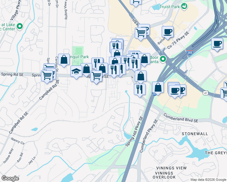 map of restaurants, bars, coffee shops, grocery stores, and more near 3103 Sports Avenue Southeast in Smyrna