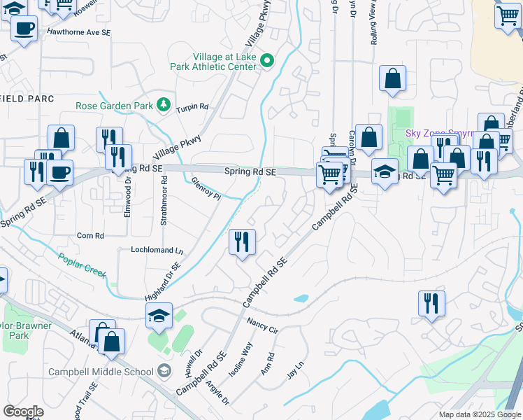 map of restaurants, bars, coffee shops, grocery stores, and more near 401 Countryside Place in Smyrna