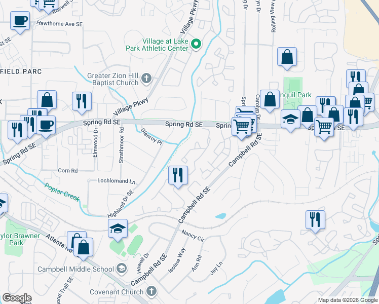 map of restaurants, bars, coffee shops, grocery stores, and more near 401 Countryside Place in Smyrna