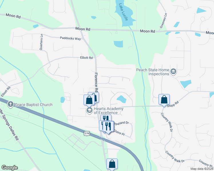 map of restaurants, bars, coffee shops, grocery stores, and more near 5053 Mickleton Way in Powder Springs