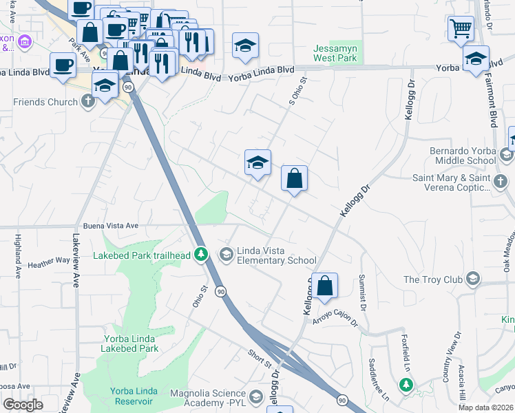 map of restaurants, bars, coffee shops, grocery stores, and more near 5412 Cherrylee Lane in Yorba Linda