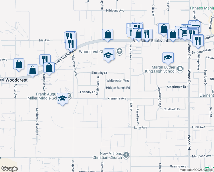 map of restaurants, bars, coffee shops, grocery stores, and more near 18304 Hidden Ranch Road in Riverside