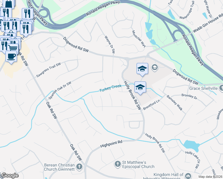 map of restaurants, bars, coffee shops, grocery stores, and more near 1212 Holly Hills Drive Southwest in Lilburn