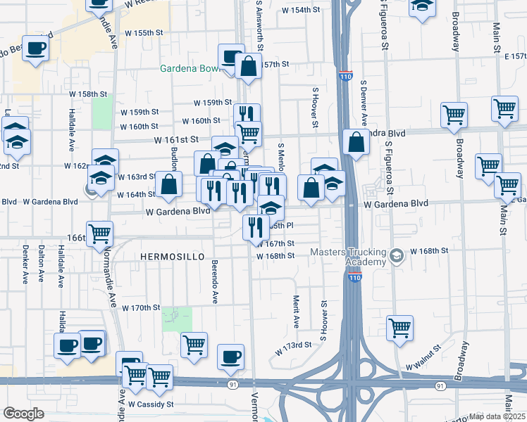 map of restaurants, bars, coffee shops, grocery stores, and more near 830 West Gardena Boulevard in Gardena