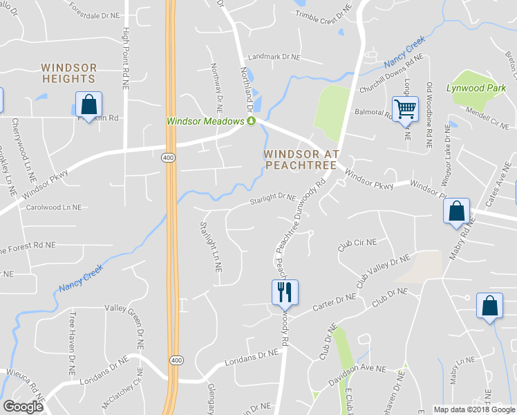 map of restaurants, bars, coffee shops, grocery stores, and more near 845 Starlight Drive Northeast in Atlanta