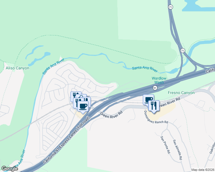 map of restaurants, bars, coffee shops, grocery stores, and more near 4474 Feather River Road in Corona