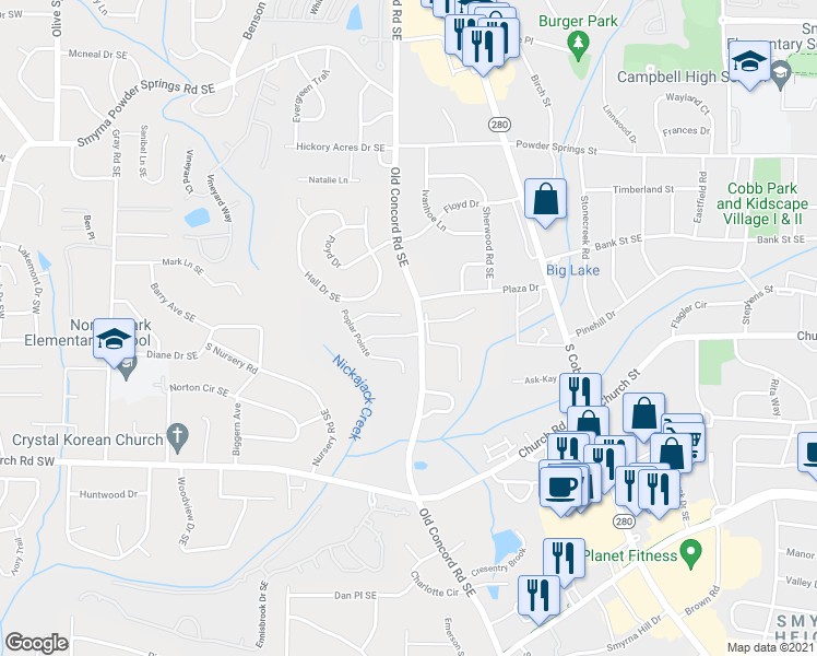 map of restaurants, bars, coffee shops, grocery stores, and more near 1002 Oaks Parkway Southeast in Smyrna