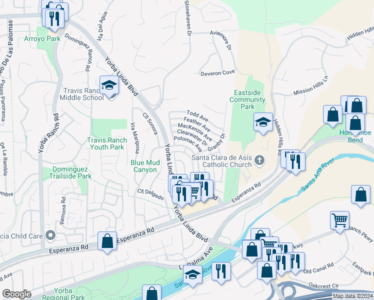 map of restaurants, bars, coffee shops, grocery stores, and more near 5580 Westfield Street in Yorba Linda
