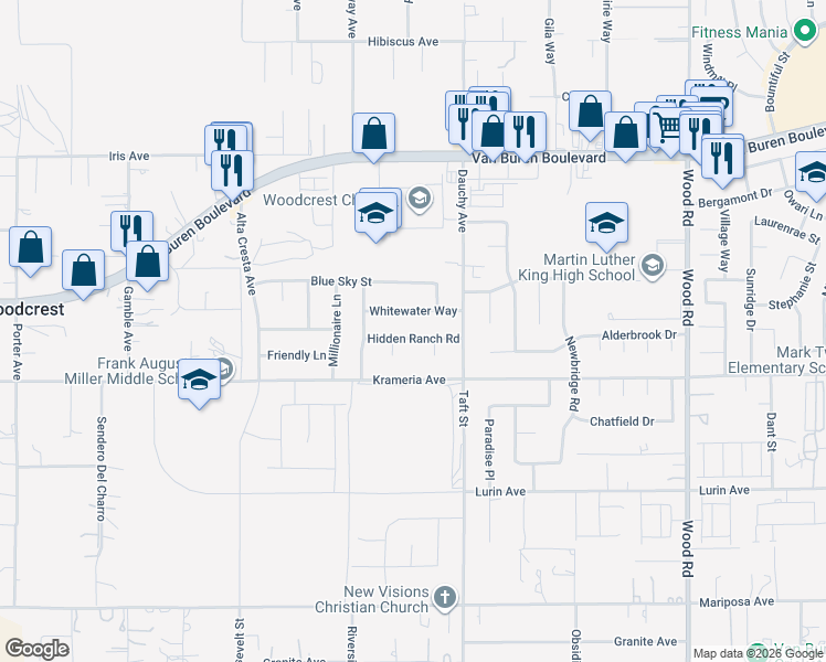 map of restaurants, bars, coffee shops, grocery stores, and more near 18389 Whitewater Way in Riverside