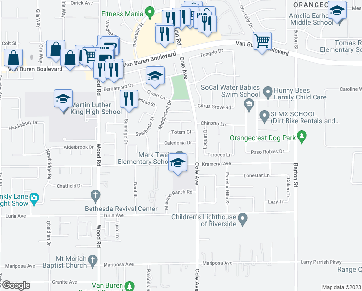 map of restaurants, bars, coffee shops, grocery stores, and more near 19403 Caledonia Drive in Riverside