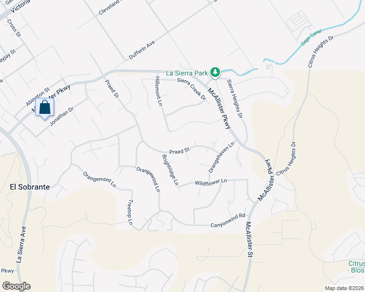 map of restaurants, bars, coffee shops, grocery stores, and more near 1793 Praed Street in Riverside