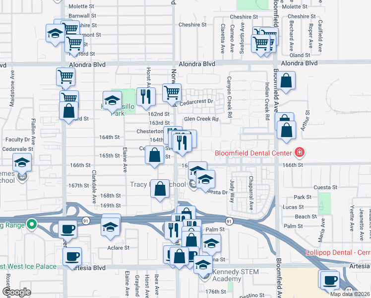 map of restaurants, bars, coffee shops, grocery stores, and more near 16424 Bubbling View Circle in Cerritos
